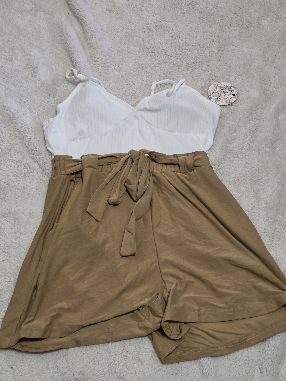 White & Tan Paperbag-Waist Romper with Tie